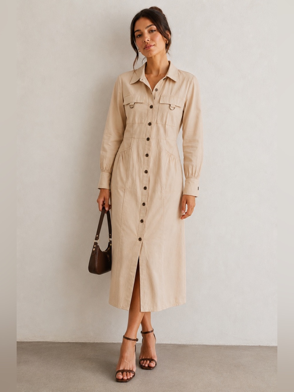 Beige Button-Front Long Sleeve Shirt Dress